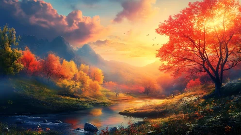 Sunlit autumn river valley under glowing mountain sunset.