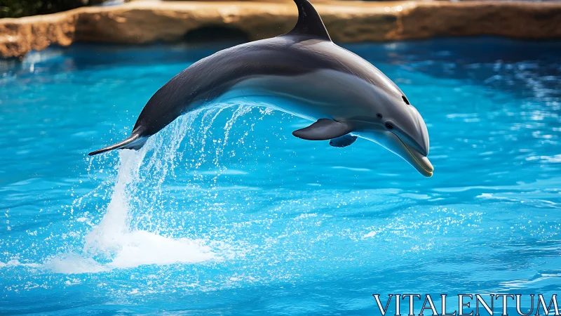 Dolphin captured mid-leap above bright blue pool water.