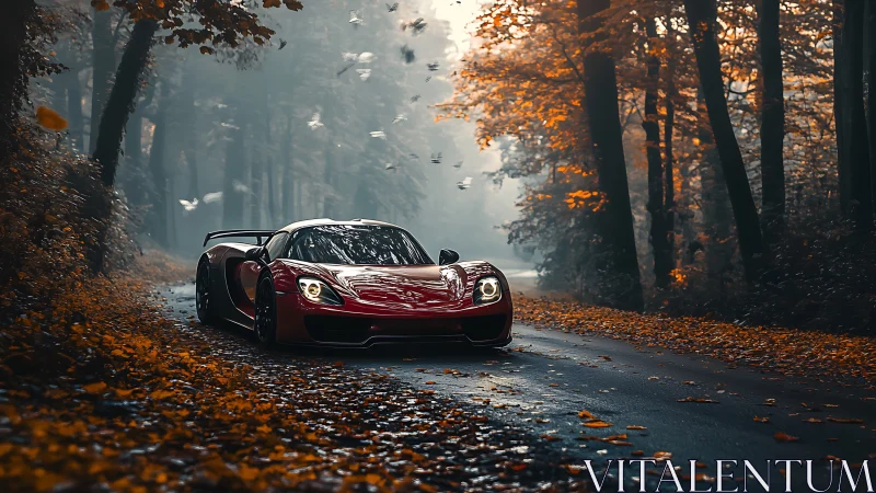 Crimson supercar prowls a misty autumn forest road at dusk.
