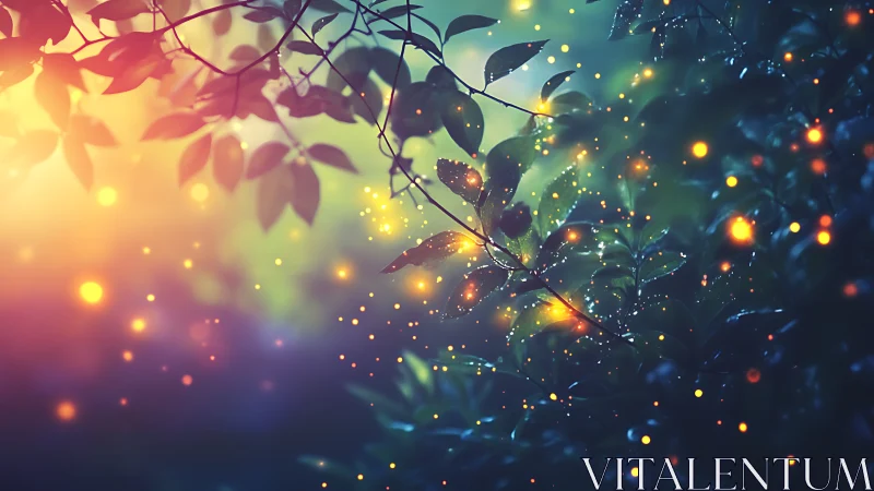 Bioluminescent fireflies illuminating dewy forest foliage at dusk