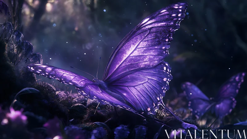 Bioluminescent violet butterfly rests in nocturnal forest glade