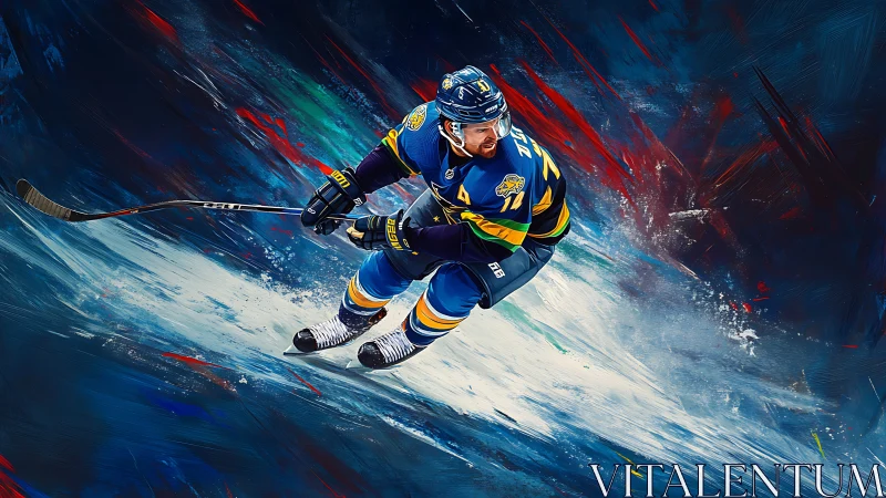 Hockey player in blue uniform cutting across painted ice.