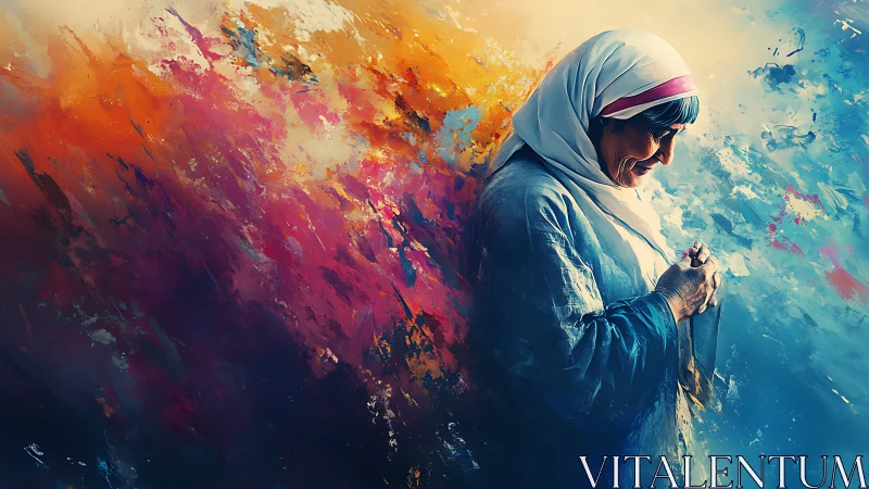 Elder in a headscarf cradling quiet amidst wild colorstorm.