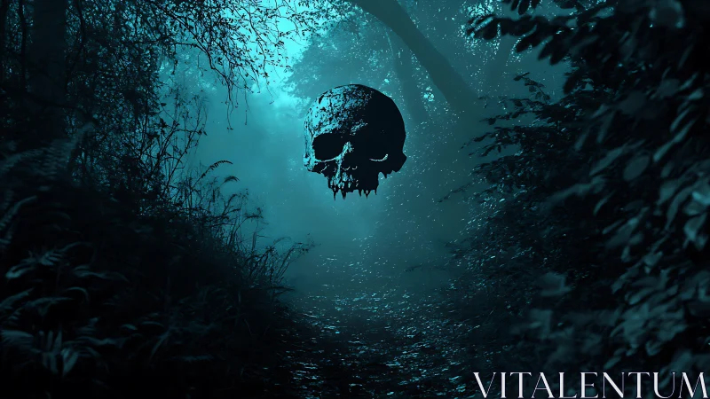 Skull silhouette suspended above dimly lit forest path.