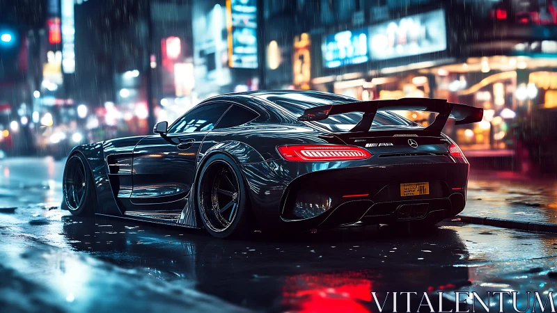 Midnight city streets mirrored in a sleek black supercar.