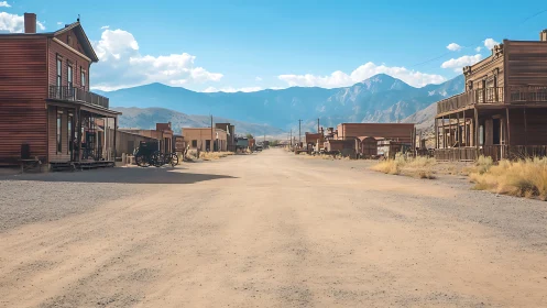 Dusty frontier main street dozes beneath pale blue peaks