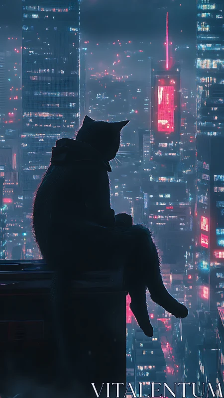 Feline Sentinel Gazes Across Neon-Drenched Metropolis.