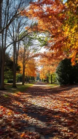 Tree-lined park path covered in bright autumn leaves.