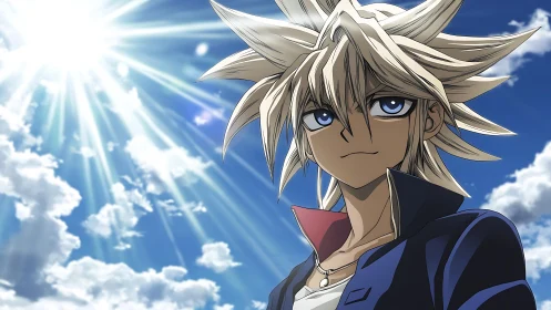 Spiky haired anime hero under radiant midday sunburst.