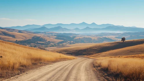 Sunlit country road winding through peaceful golden hills.