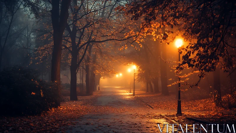 Foggy park pathway is illuminated by aligned streetlights