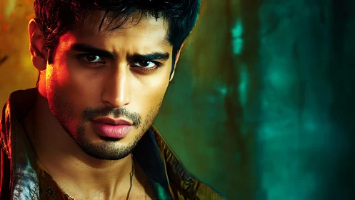 Cinematic male portrait uses split complementary neon lighting