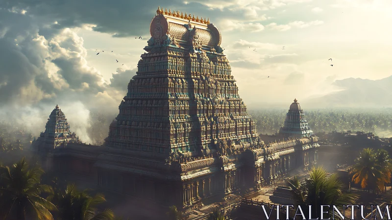 Sunlit temple towers rise above misty palms and distant hills