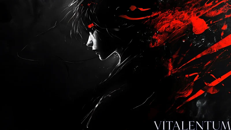 Monochrome profile fractured by ballistic red paint vectors.