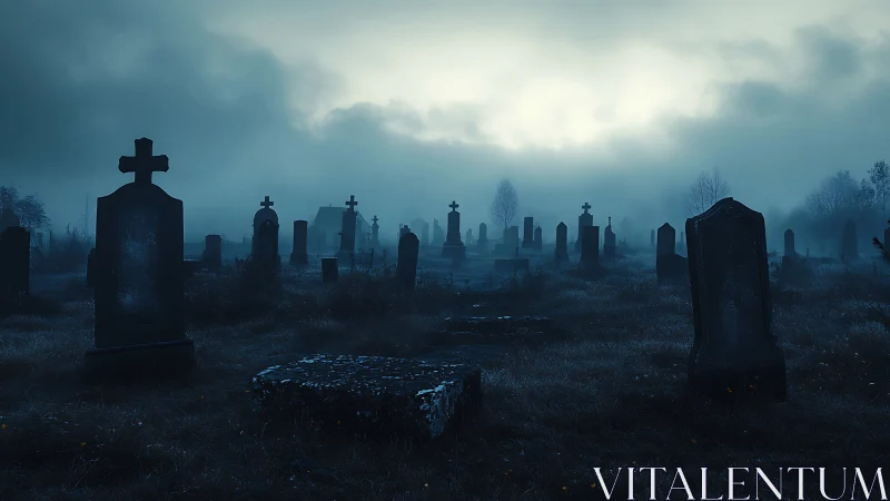 Fog-covered cemetery landscape is shown in low blue light