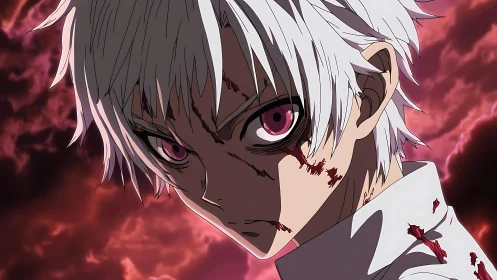 White haired anime fighter with bloodied face and glare.