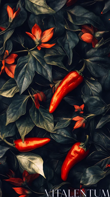 Scarlet peppers resting among shadowed floral foliage.