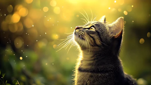 Curious tabby cat glowing softly in golden evening light.
