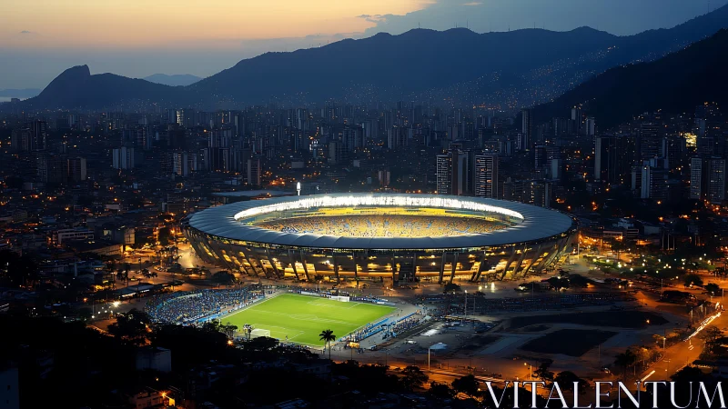 Illuminated football stadium encircled by dense cityscape at dusk.