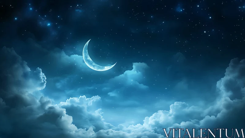 Gentle crescent moon drifting above soft midnight clouds.