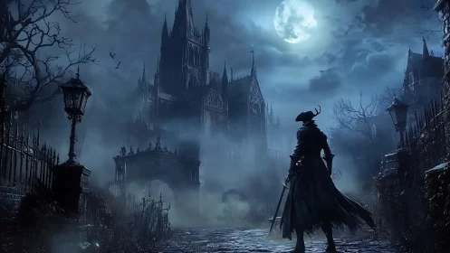 Hunter in gothic ruins under full moon with looming cathedral.