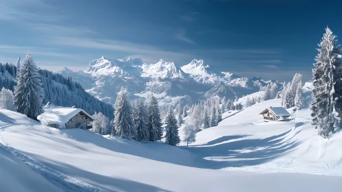 Snow-covered alpine cabins sit beneath towering winter peaks.