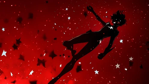 Silhouetted figure drifting through red starfield void.