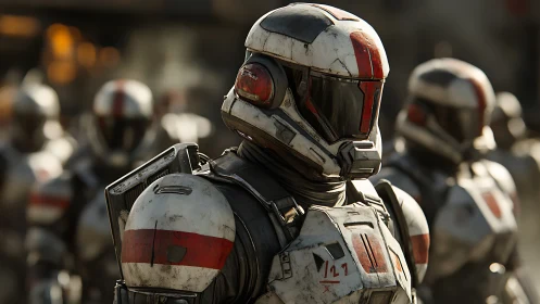 Armored sci fi soldiers advancing in worn tactical exosuits.