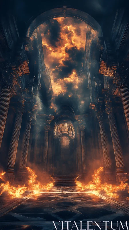 Inferno Cathedral: Classical Architecture Engulfed in Flames.