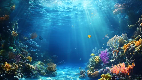 Coral reef scene shows sunlit underwater landscape clearly