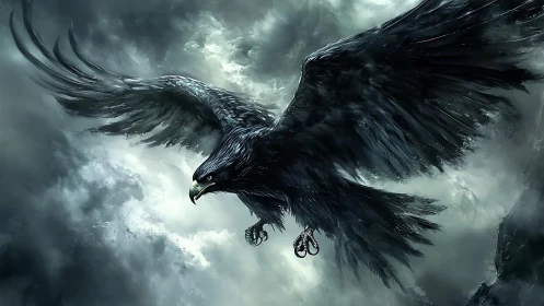Digital painting of dark eagle in storm-laden atmospheric space.