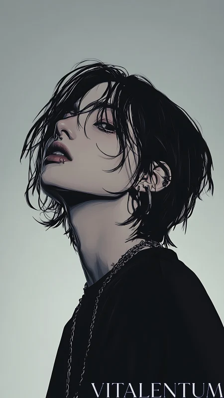 Moody portrait of a soft‑edged rebel in cool shadows.