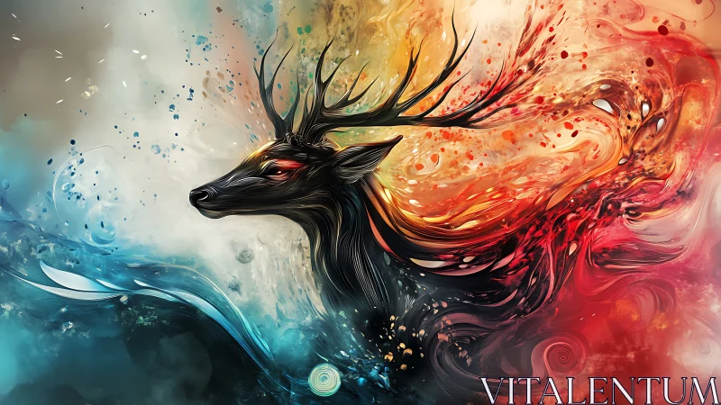 Elemental stag drifts between wildfire and frozen tides.