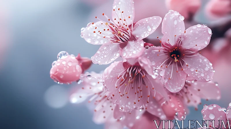 Delicate Pink Cherry Blossoms with Macro Bokeh Rendering and Water Droplet Refractions