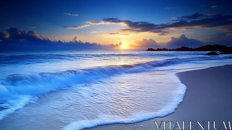 Low-angle seascape captures luminous sunrise over breaking surf