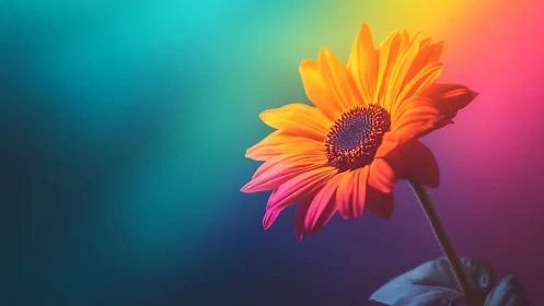 Single gerbera flower against vivid rainbow gradient background.