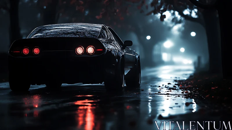 Sports car on wet city street at night in moody light.