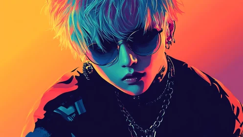 Neon lit portrait of cool sunglasses wearer faces viewer