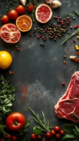 Raw steak and assorted produce arranged around dark surface