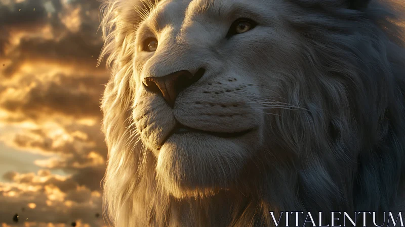 Majestic white lion gazes toward a golden evening horizon