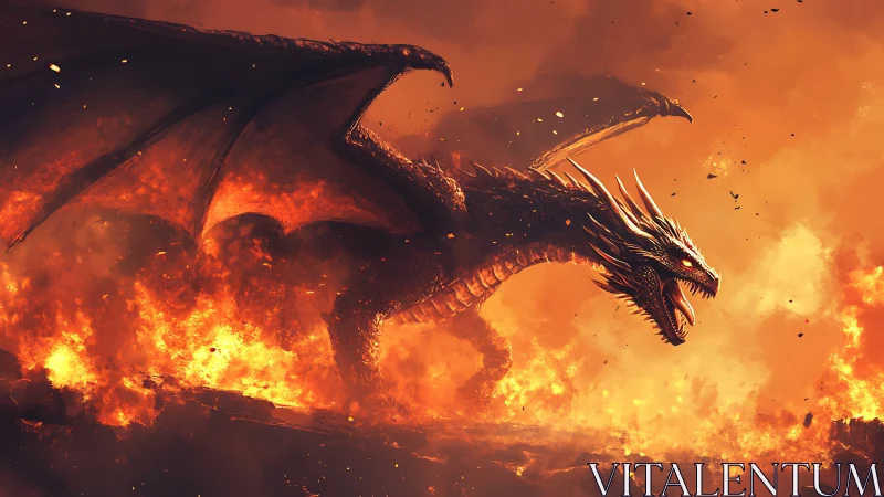Fire-breathing dragon storms a blazing battlefield in rage.