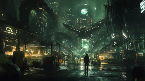 Solitary figure walks beneath neon-drenched cybercity sprawl.