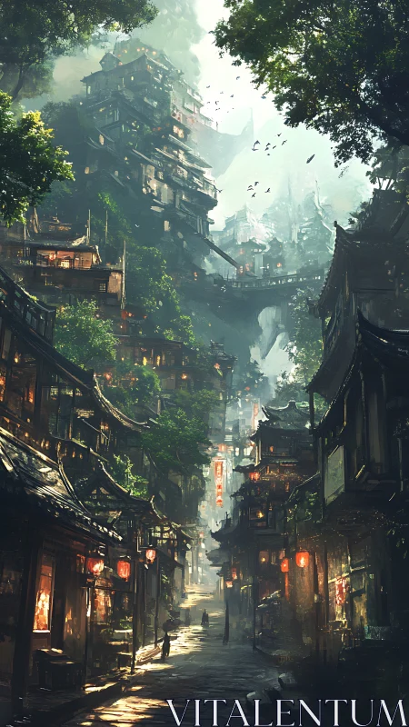 Vertical mountain city with tiered lantern streets at dusk.