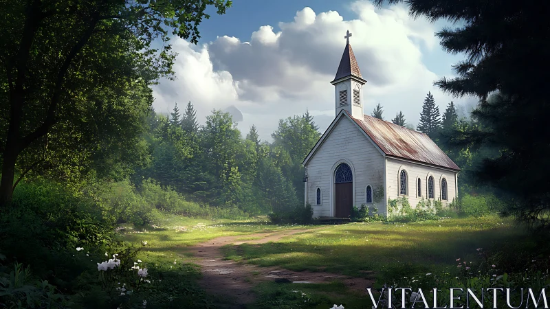 Sunlit rural chapel rendered with soft volumetric forest lighting