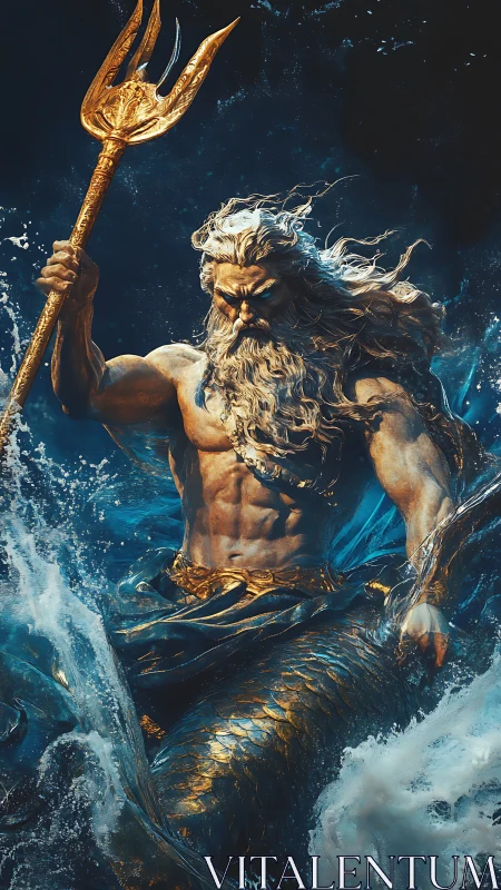 Mythic sea god with trident amid crashing ocean waves.