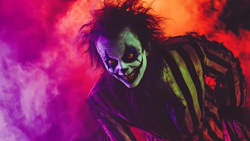 Sinister clown lunges through neon smoke, striped suit. Period.