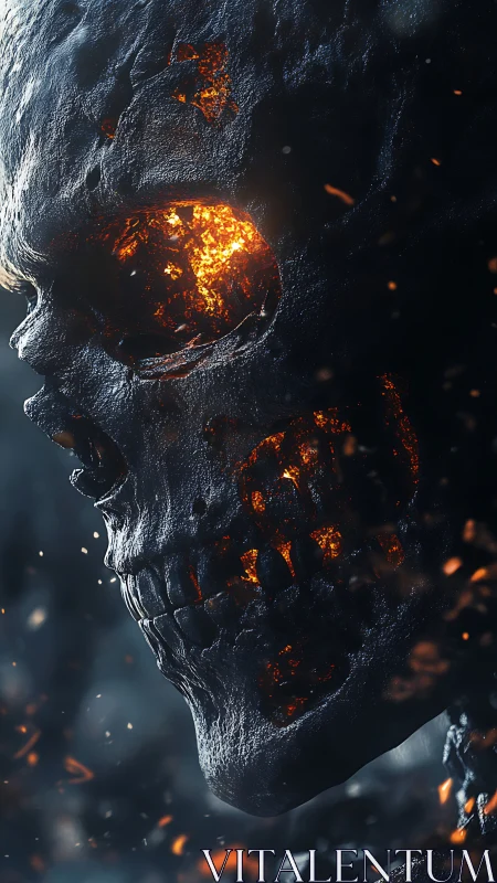 Molten-eyed skull watches embers drift through ruined night