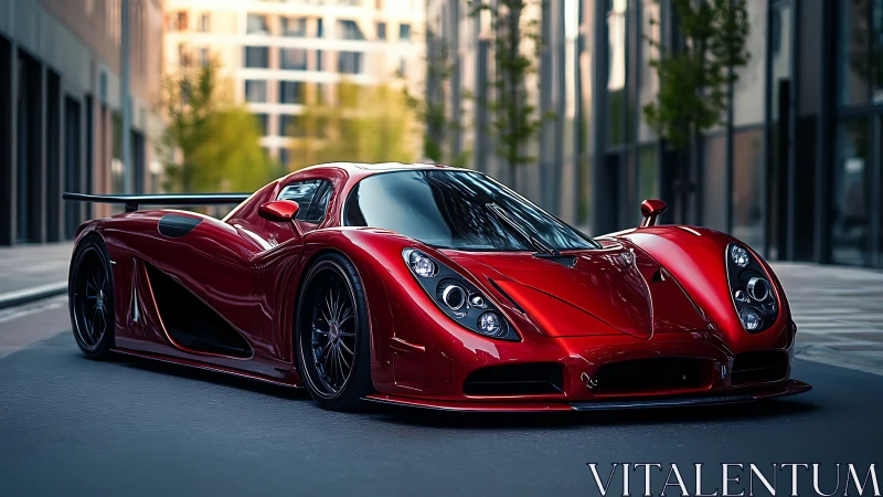 Sleek crimson supercar poised in a modern city streetscape.