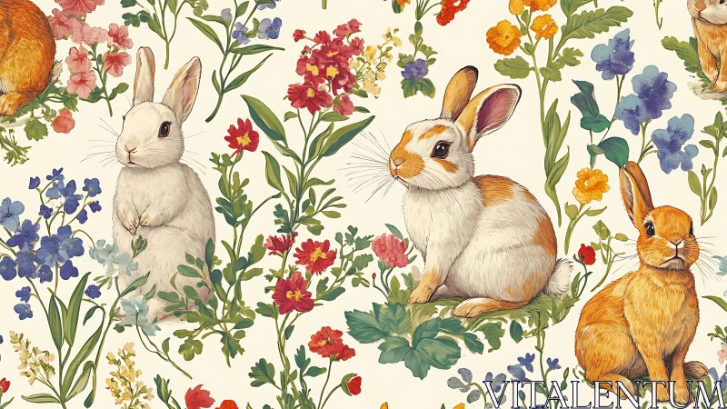 Illustrated rabbits integrated with dense floral patterning on cream