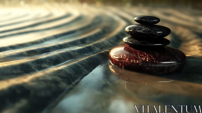 Zen stone stack on wet sand with glowing sunset light.